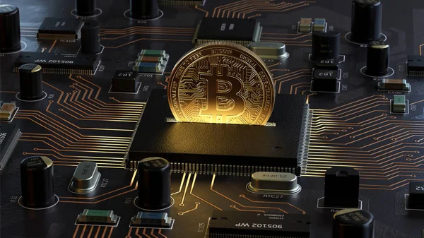 Bitcoin anakart, 3d render, kavramsal görüntü.