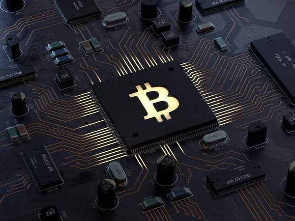 Bitcoin anakart, 3d render, kavramsal görüntü.