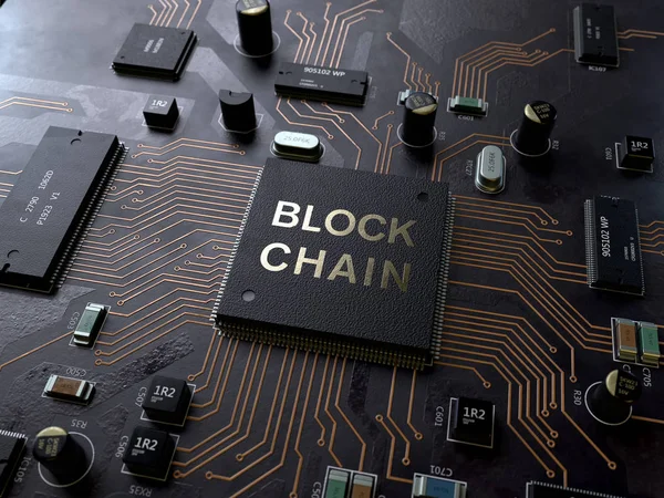 Blockchain teknoloji kavramı devre kartı, 3d render, kavramsal görüntü.