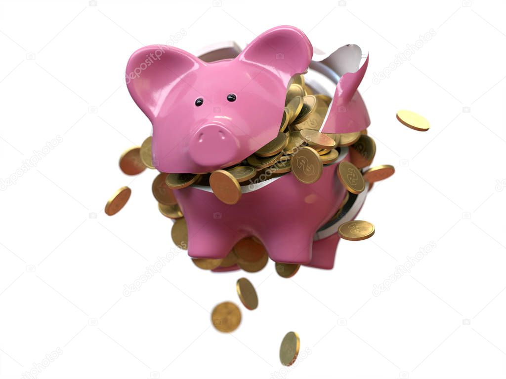 piggy bank with coins broken,3d rendering,conceptual image.