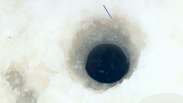 Рыбаки Ловят Рыбу Покрытой Льдом Реке Холодный Зимний День — стоковое видео