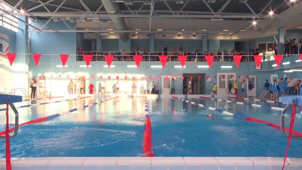 Concursos Natación Piscina Jóvenes Atletas Compiten Aguas Azules Claras — Vídeos de Stock