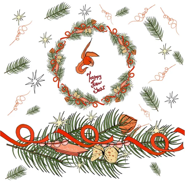 Yeni yıl nesneleri izole om beyaz arka plan, Noel sonsuz yatay fırça decore ve tatlı. Çam ağacı ve physalis ve somun ile sonsuz yatay kenarlık