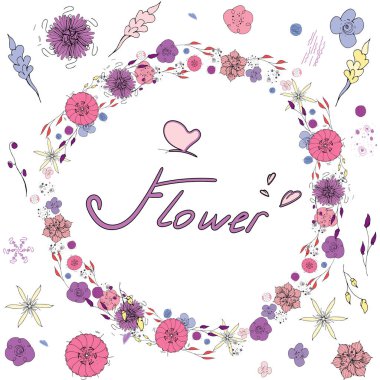 çiçekler nesneleri izole om beyaz arka plan, Frolar çelenk, çiçek çelenk, şirin desen, yumuşak renkler kümesi