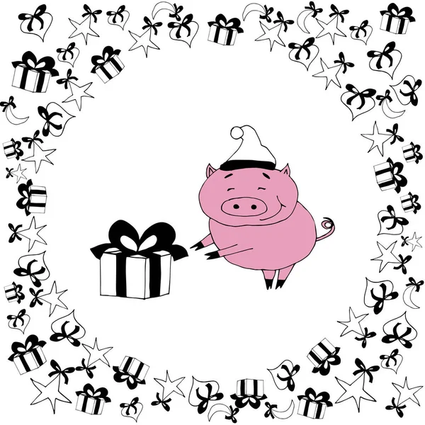 Mutlu yıllar domuz ile ayarla. Pserent ile yeni yıl domuz. Sevimli pembe hayvan üzerinde beyaz backgriund. Noel domuz. Yeni yıl vektör çizim, siyah ve beyaz. Pink.Hand çizilen komik izole domuz
