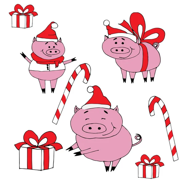Mutlu yeni yıl küme. Yeni yıl hediyeleri domuzlarla. Beyaz arka plan üzerinde izole nesneleri. Noel şirin domuz kırmızı şapkalı. Holidays.Celebration.