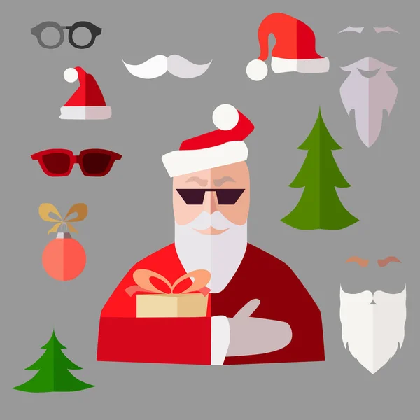 Noel Baba Noel ve yeni yıl için ne yapıyorsun? Yeni yıl nesneler. Sakallı izole Noel Baba. Glasses.Christmas ağacı. Çam ağacı. Düz vektör çizim. Sakalları. Süslü Mustache.Color vektör desen.