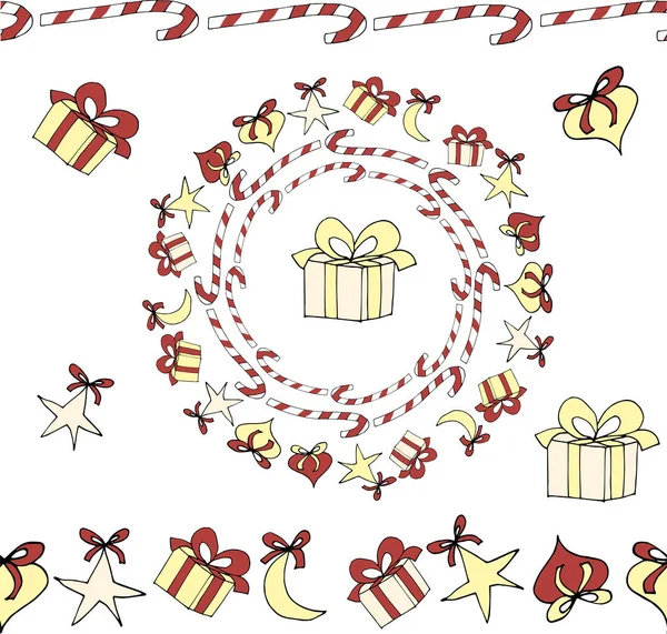 Yeni yıl sonsuz yatay fırça ile sunar. Sonsuz yatay fırça candys ile. İzole nesneleri. Gifts.New yıl garland ile sunar. Noel çelenk candys ile. Vektör çizim.