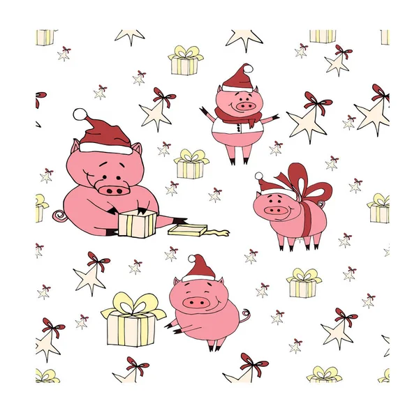 Mutlu yeni yıl küme. Yeni yıl hediye hediyeler bir domuzlarla. Beyaz arka plan üzerinde izole nesneleri. Noel şirin domuz kırmızı şapkalı. Holidays.Celebration.Funny el çizilmiş vektör