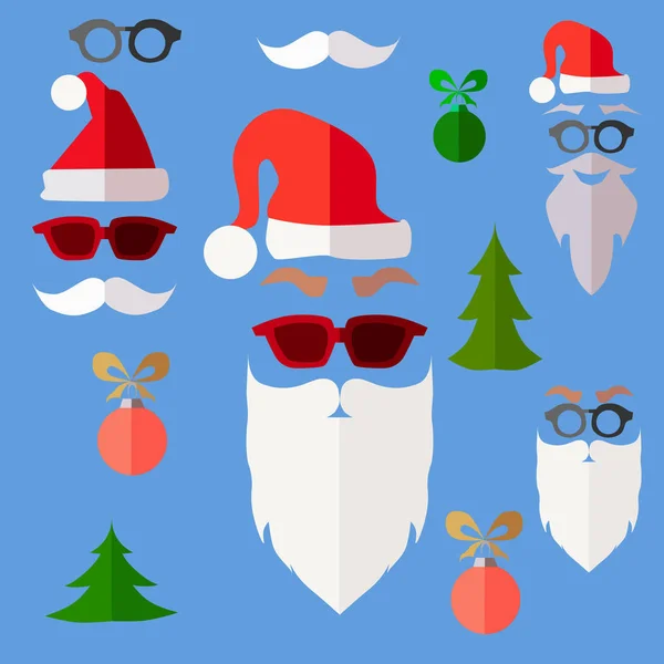 Santa sembolleri ayarlayın. Arka plan üzerinde yeni yıl koleksiyonu. Noel aksesuarlar desen. Düz vektör çizim. Hipster Noel Baba sakal ve bıyık. Gözlük.