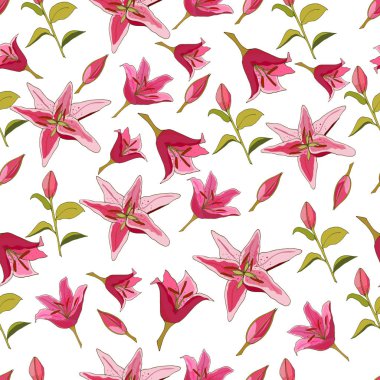 Zambak Seamless modeli. Çiçek sonsuz doku. Lilyum çiçek sonsuz doku. Vektör çizim. Pembe çiçekler