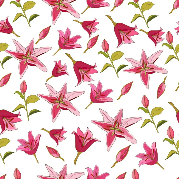 Zambak Seamless modeli. Çiçek sonsuz doku. Lilyum çiçek sonsuz doku. Vektör çizim. Pembe çiçekler