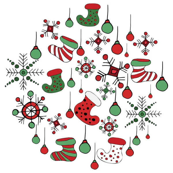 Daire ellements yılbaşında yapmıştım. Yeni yıl ayarlayın. Beyaz arka plan üzerinde tatil koleksiyonu. Gifts.Christmas çorap. Snowflake.Vector illüstrasyon.