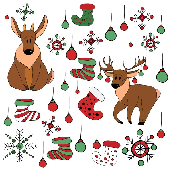 Beyaz arka plan üzerinde izole Noel nesneler. Yeni yıl vektör kümesi. Bebek geyikler, Noel çorap, yaltaklanıyor.