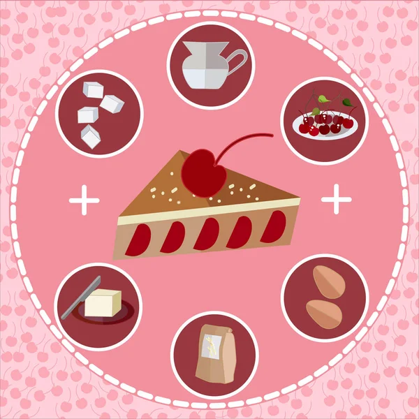 Kirazlı turta recire. Ingredients.Making pie.Cooking.Infographic.Color vektör çizim. Nesneler beyaz arka plan üzerinde. Elle çizilmiş.