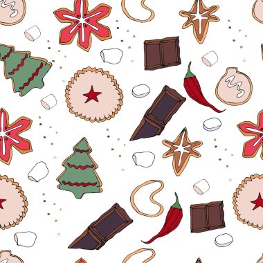 Yeni yıl için seamless modeli. Beyaz arka plan üzerinde Noel nesneler. Yeni yıl sonsuz doku. Cookies.Chocolate.