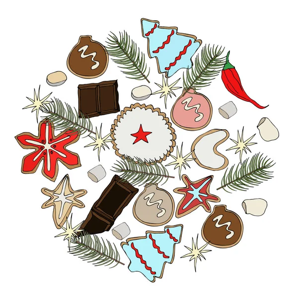 Noel yemeği ayarla. Yeni yıl tatlı koleksiyonu. Nesneleri om beyaz arka plan izole. Cookies.Chocolate.Peppersholidays vektör çizim.