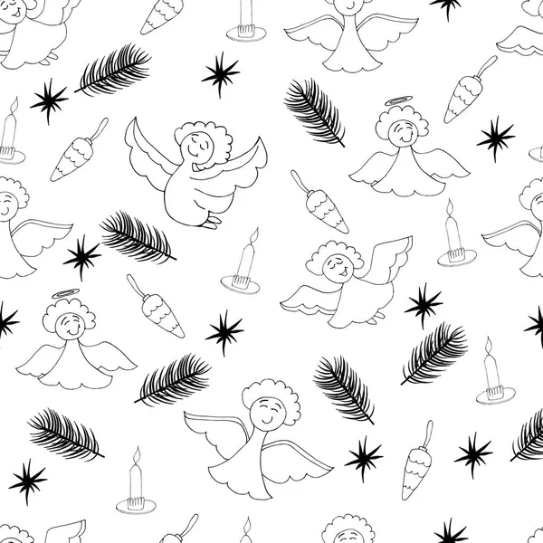 Doodle Seamless modeli. Chrismas vektör kümesi. Yeni yıl sonsuz doku. Angels.Candles.