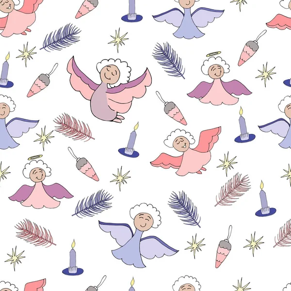 Angels ile Seamless modeli. Sonsuz doku. Noel vektör desen. Sevimli melekler. Candles.New yıl kesintisiz illüstrasyon.