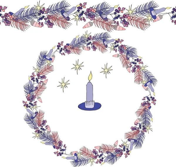 Çiçek çelenk, çiçek çelenk. Noel sonsuz yatay fırça. Yeni yıl ayarlayın. Candles.Vector resimde. Noel dekor desen