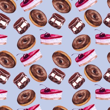 Sulu boya Dikişsiz tatlı desen. Sonsuz kek doku. Çörek ile gıda illüstrasyon. Tatlı kek. Beyaz zemin üzerine çikolata