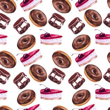 Sonsuz suluboya doku. Yemek kek koleksiyonu. Çörek illüstrasyon kek ile. Beyaz arka plan üzerinde tatlı kek.