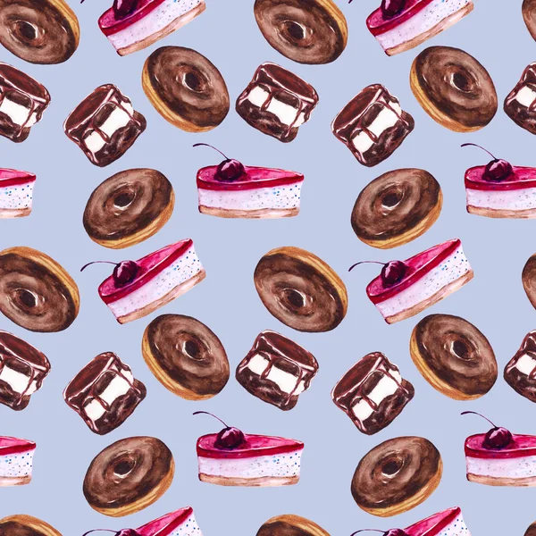Watercolor Seamless sweet pattern.Endless cake texture.Food Illustration with donuts.Sweet cakes.Chocolate on white background