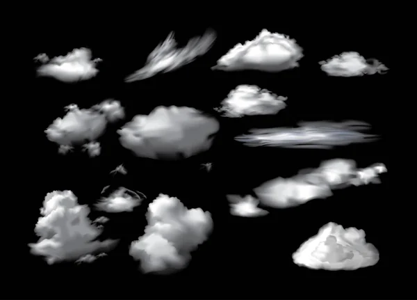 Collection of white clouds isolated on black background — Stock Vector