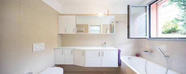 Elegantes Badezimmer Mit Großem Waschbecken Und Spiegel Niemand Drinnen — Stockfoto