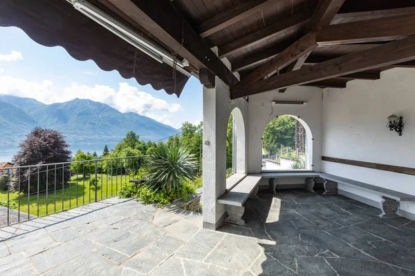 Outdoor Veranda Large Arches Overlooking Swiss Hills Lake Maggiore — Stock Photo, Image