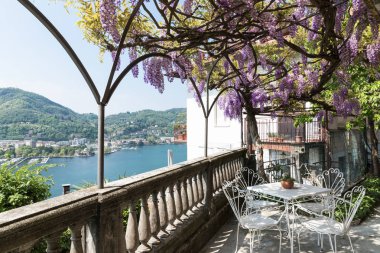 Harika verandası renkli wisteria tarafından bir güzel bahar gününde kaplı