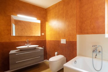 Modern bitirir ve turuncu duvar banyo. İçeride kimse yok
