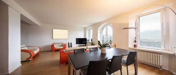 Living Room Leather Parquet Design Sofa Large Windows Enter Lot — Stock Photo, Image