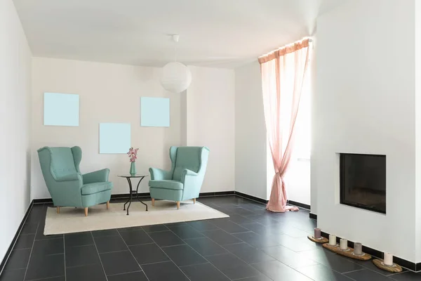 Détail Deux Fauteuils Turquoise Dans Appartement Vide Personne Intérieur — Photo