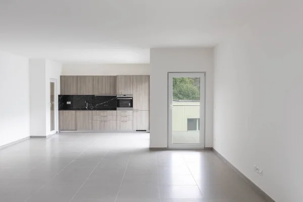 Großes Wohnzimmer Und Komplett Weiße Küche Einem Modernen Offenen Raum — Stockfoto