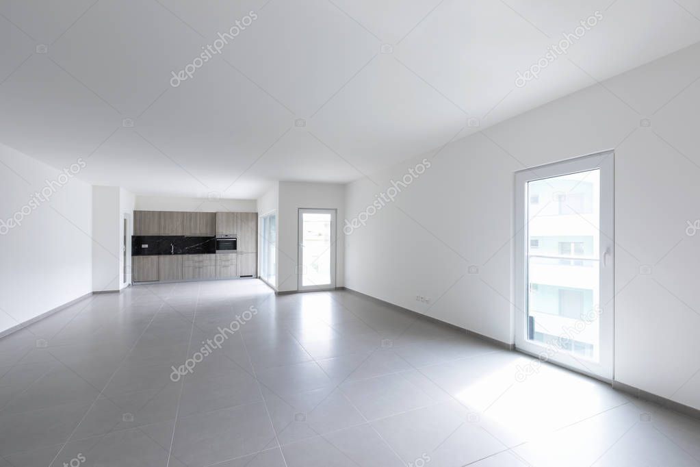 Large living room and completely white kitchen in a modern open space. Nobody inside