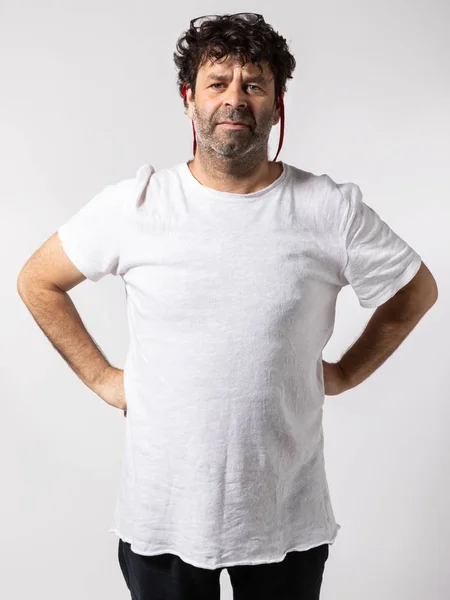 Portrait Middle Aged Man Hands Hips White Background — Stock Photo, Image