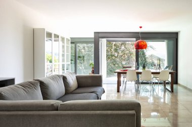 Modern daire büyük tasarımcı kanepe oturma odası. İçeride kimse yok