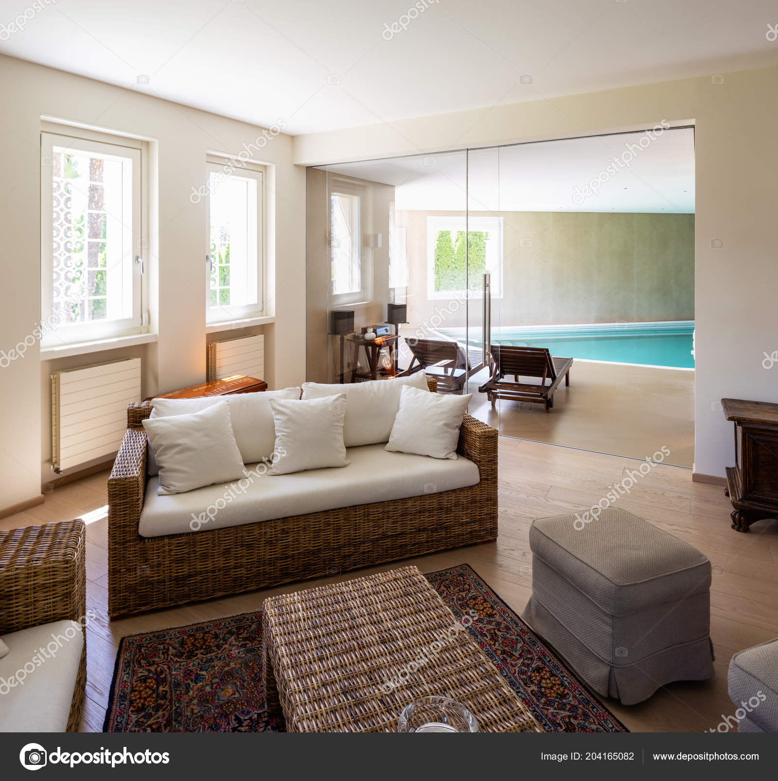 Modern living room wicker furniture design villa nobody stock photo