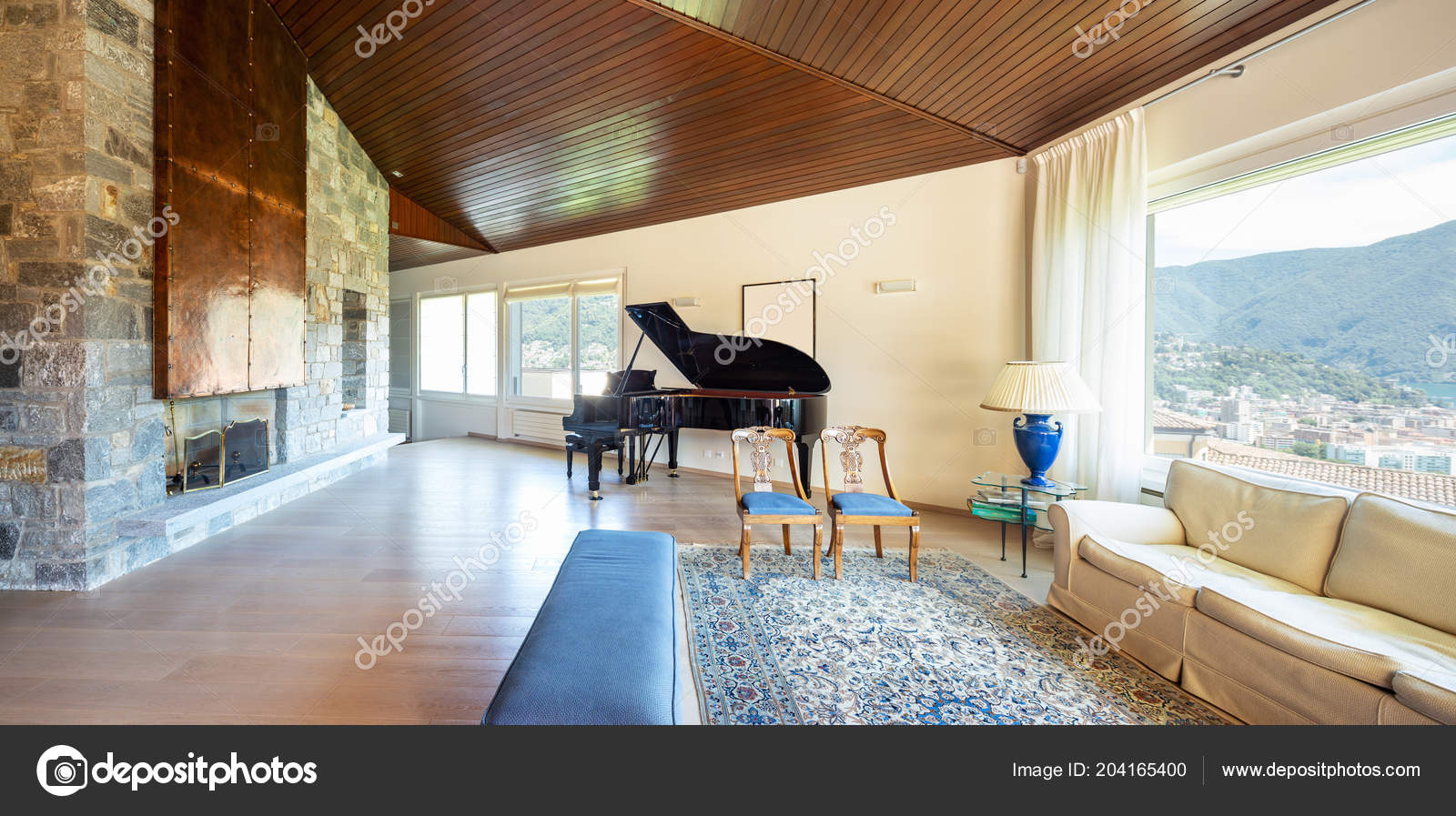 Modern Living Room Wooden Ceiling Villa Nobody Stock Photo