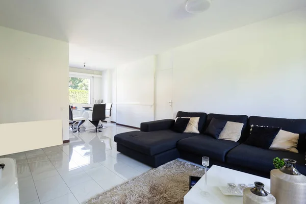 Modernes Wohnzimmer Mit Großem Dunklen Sofa Niemand Drinnen — Stockfoto