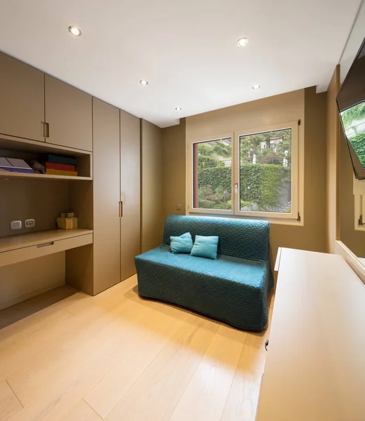 Elegantes Arbeitszimmer Mit Sofa Fenster Und Fernseher Niemand Drinnen — Stockfoto