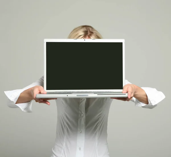 Girl Laptop White Shirt — Stock Photo, Image