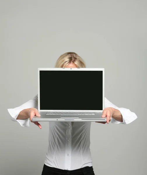 Girl Laptop White Shirt — Stock Photo, Image