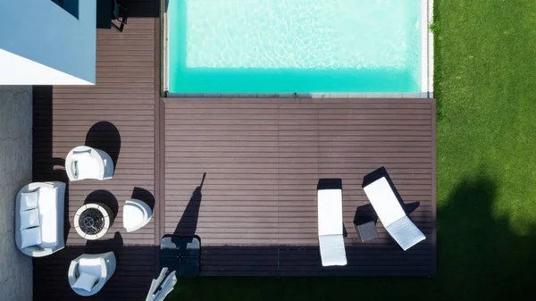 Detail Swimming Pool Deckchairs Lawn Nobody — Stock Photo, Image