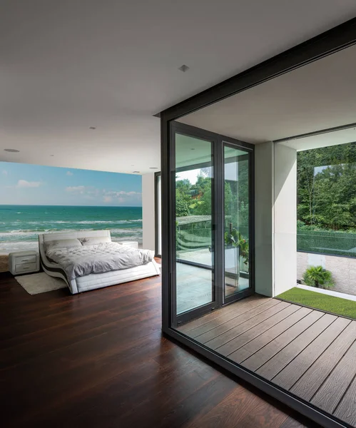 Schlafzimmer Moderner Villa Mit Privater Terrasse Niemand Drinnen — Stockfoto