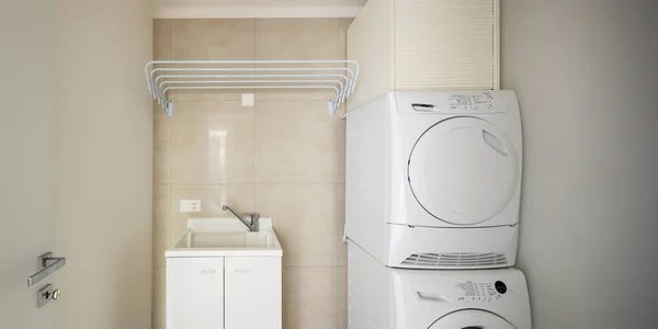 洗衣房配有现代洗衣机和烘干机 里面没有人 — 图库照片
