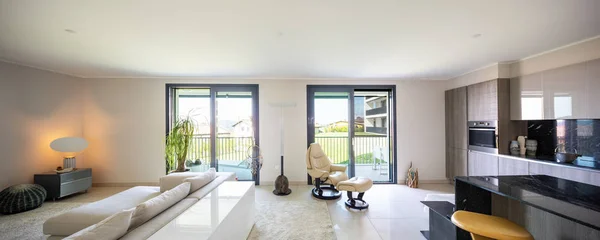 Sala Estar Cozinha Espaço Aberto Apartamento Moderno Ninguém Dentro — Fotografia de Stock