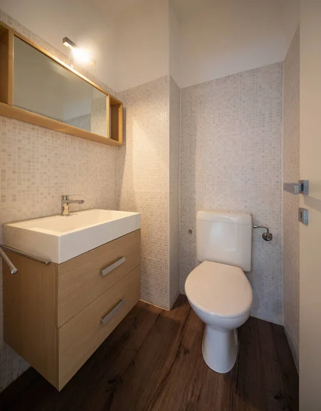 Moderno Banheiro Mínimo Com Parquet Ninguém Dentro — Fotografia de Stock