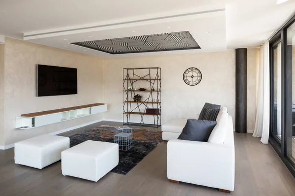 Modern Living Room Leather Sofa Large Windows Nobody — Stock Photo, Image